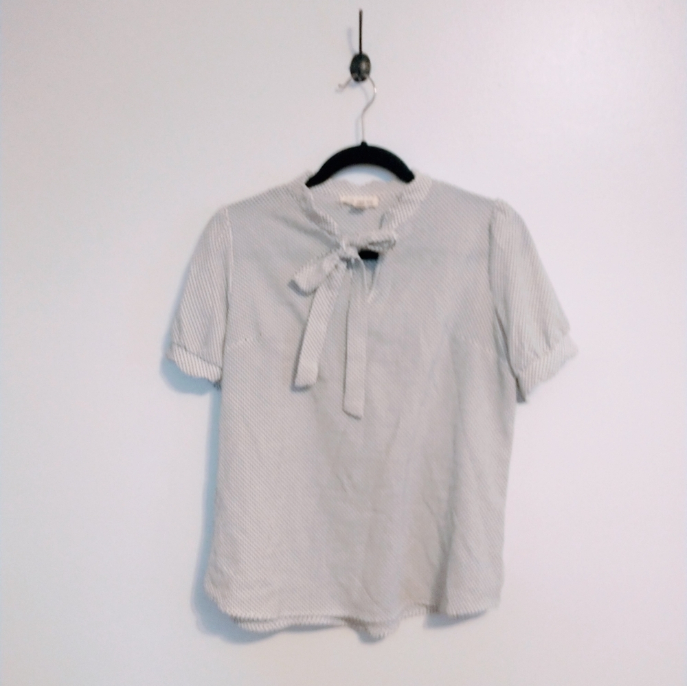 Faith and Joy white shirt sleeve blouse with black polka dots and scalloped neck
